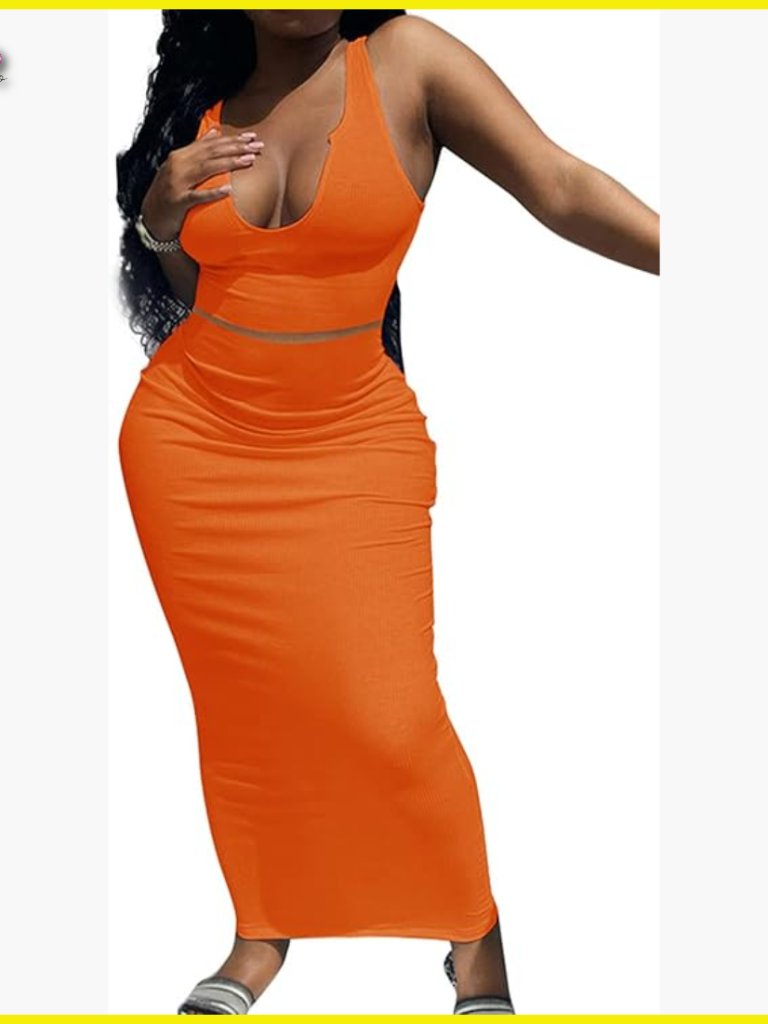 Two Piece Maxi Dress Set Sleeveless Tank Crop Top Long Skirt Bodycon Party Wear